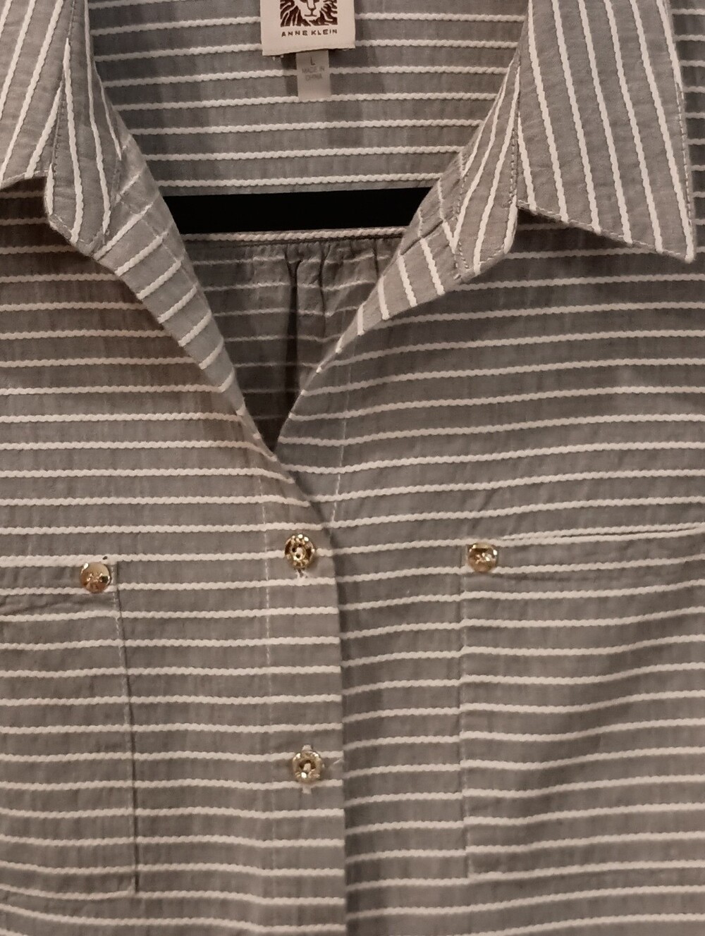 Anne Klein Gray and White Striped Tie-Hem Sleeveless Button-Up Top - Picture 7 of 10